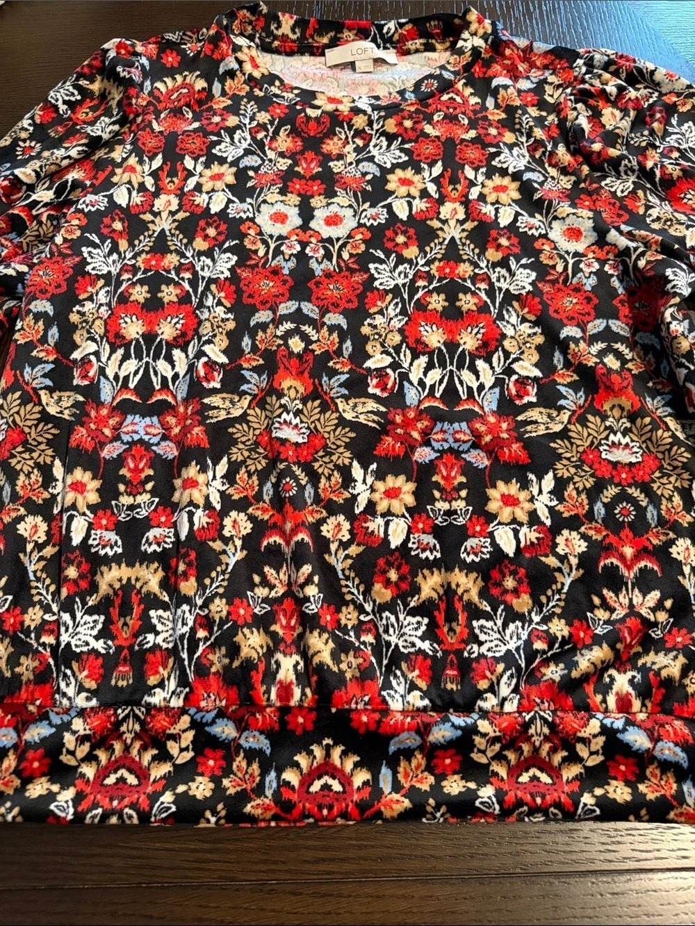 LOFT Floral Long Sleeve Top in Black & Red Size Medium Like New